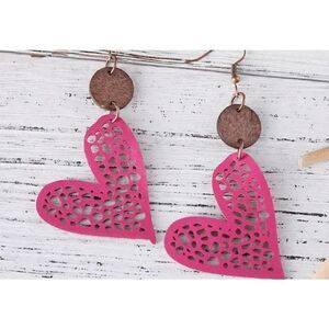 NWT Pink Leather/Wood Boho Cutout Heart Shaped Dangle Earrings